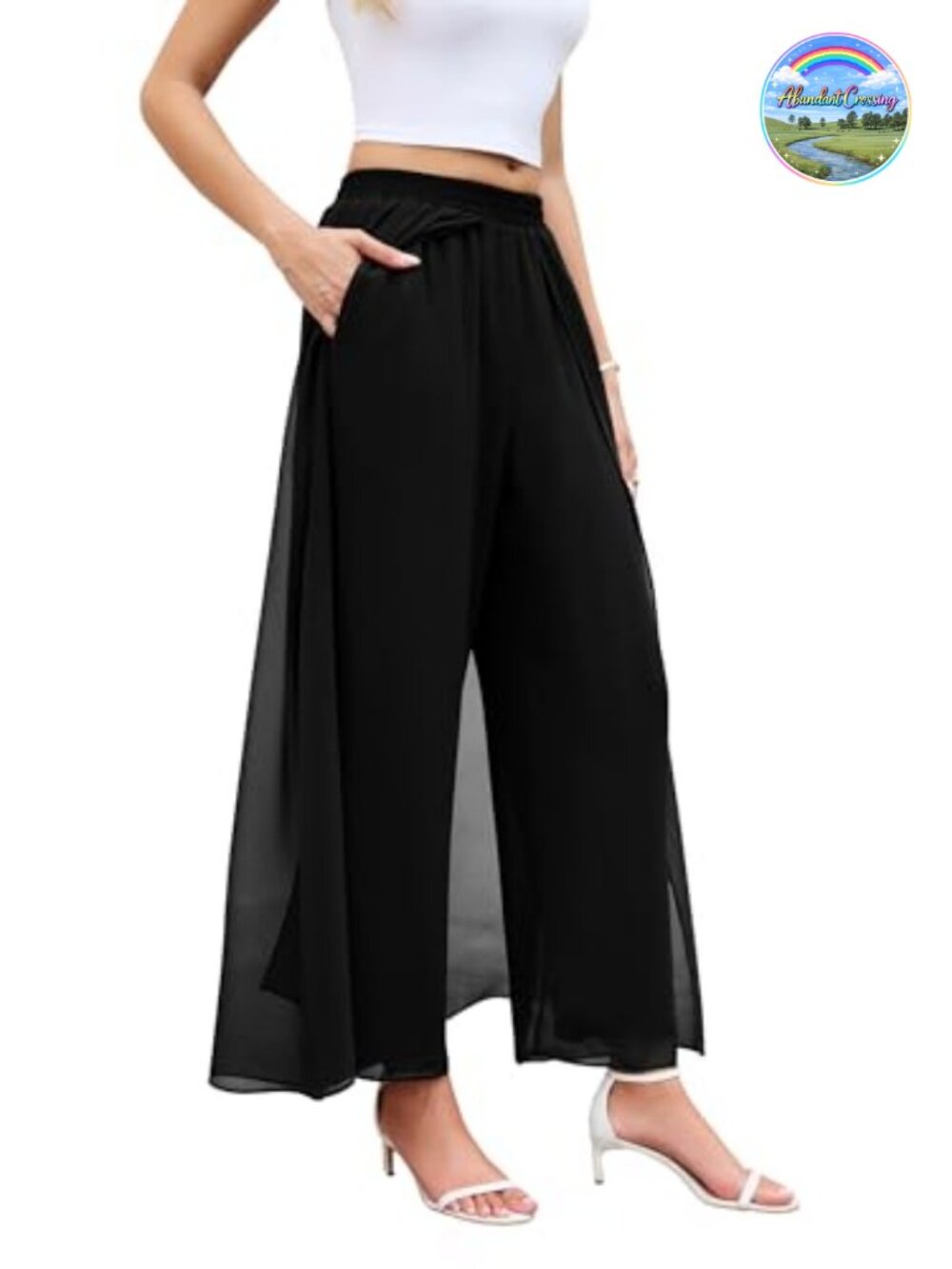 Wide Leg Palazzo Pants Elastic High Waist Chiffon Dress Pants with Pockets